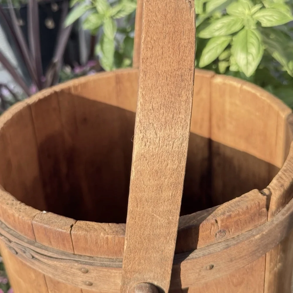 Antique Wooden Firkin Rustic Sugar Bucket Pail with handle  10